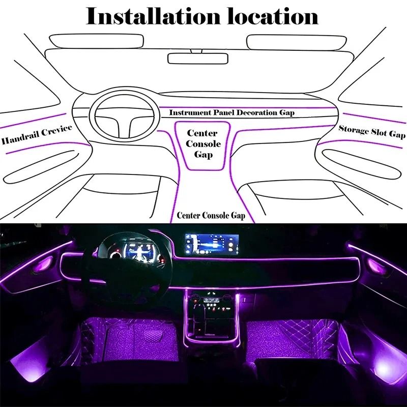 Flexible EL Wire Car Interior RGB LED Strip Lights With App Control 1