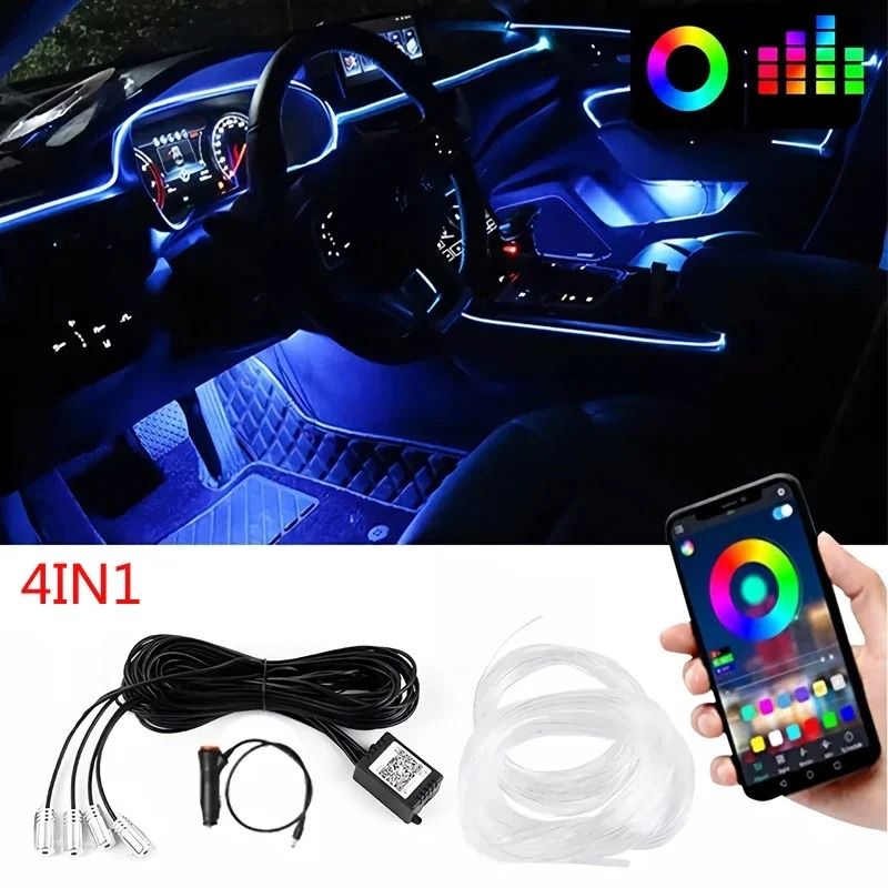 Flexible EL Wire Car Interior RGB LED Strip Lights With App Control 8