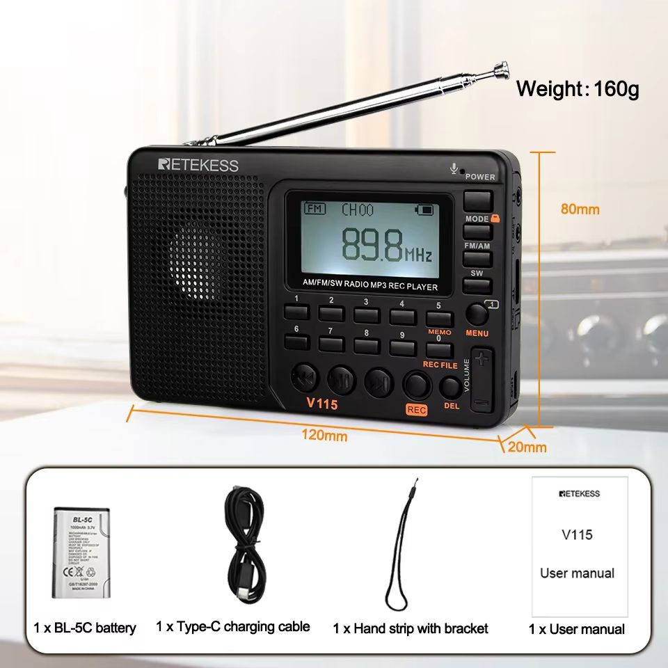 Retekess V115 Portable Radio  Rechargeable AM FM Shortwave Radio With USB Recorder 5