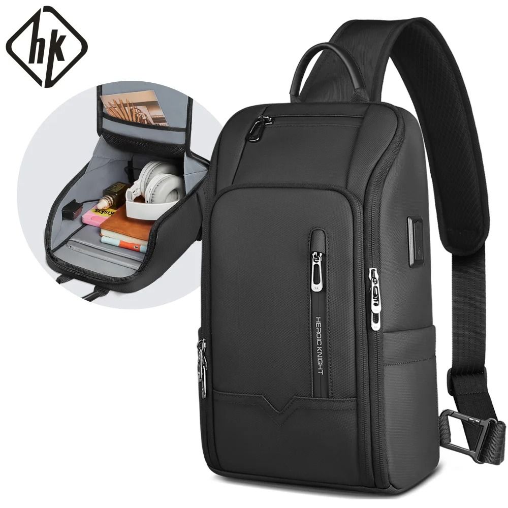 HK Anti Theft Shoulder Bag Waterproof Chest Crossbody Bag with USB Charging and Multi Pocket Oxford Design
