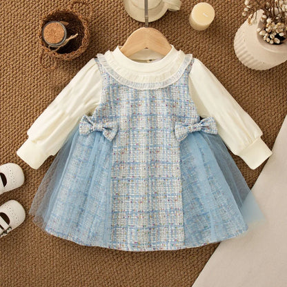 New Baby Girl Bow Decoration Princess Dress Korean Style Autumn Long Sleeved Clothes, Tulle Dress with Children Dress