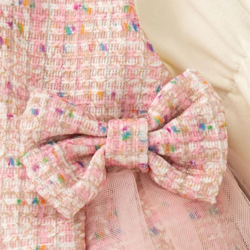 New Baby Girl Bow Decoration Princess Dress Korean Style Autumn Long Sleeved Clothes, Tulle Dress with Children Dress