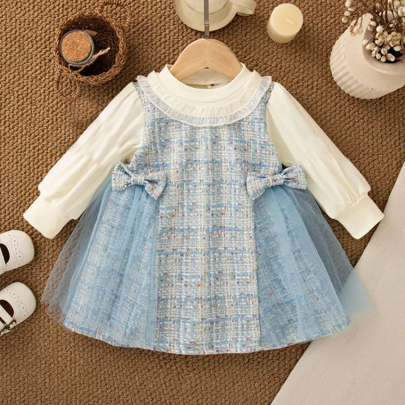 New Baby Girl Bow Decoration Princess Dress Korean Style Autumn Long Sleeved Clothes, Tulle Dress with Children Dress