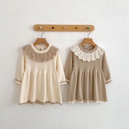 Knitted long sleeved dress for baby girls 0-3 years old new autumn baby clothing lace princess party dress