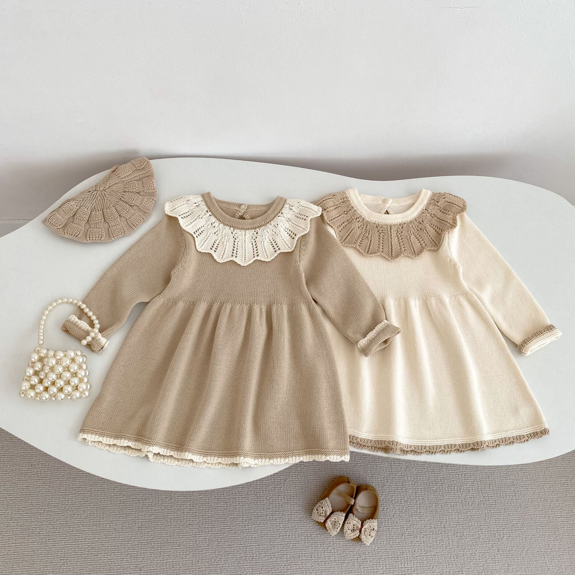 Knitted long sleeved dress for baby girls 0-3 years old new autumn baby clothing lace princess party dress
