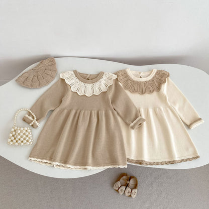 Knitted long sleeved dress for baby girls 0-3 years old new autumn baby clothing lace princess party dress