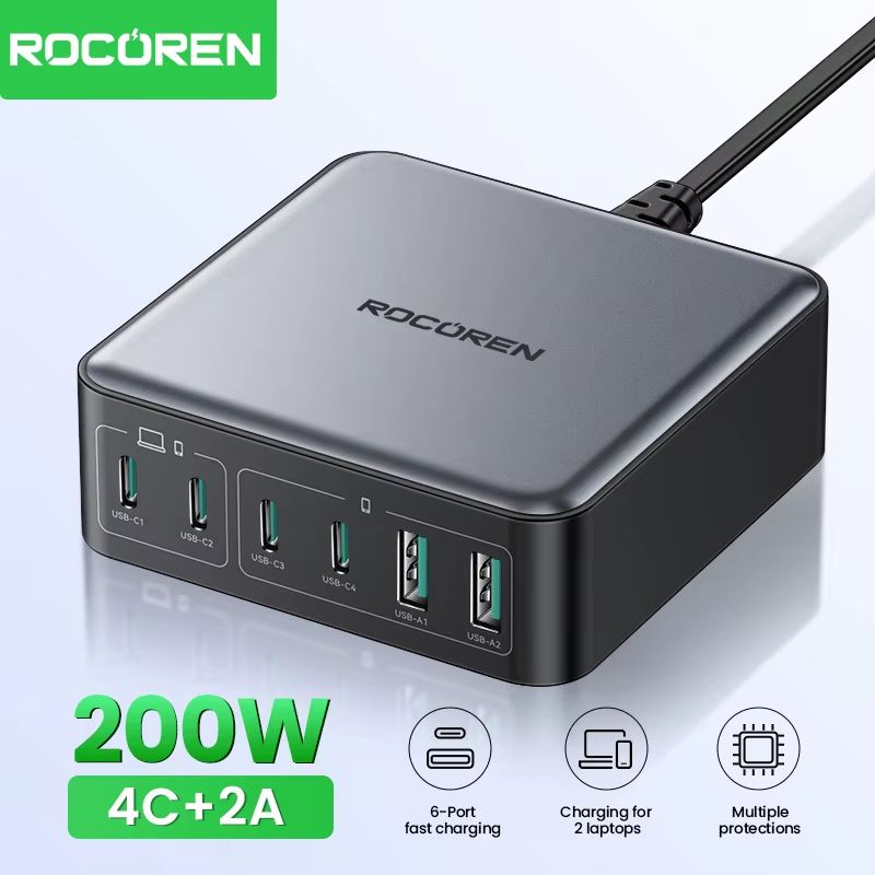 Rocoren 200W GaN Fast Charger – 6-Port USB-C Desktop Charging Station for Laptops, Phones & Tablets
