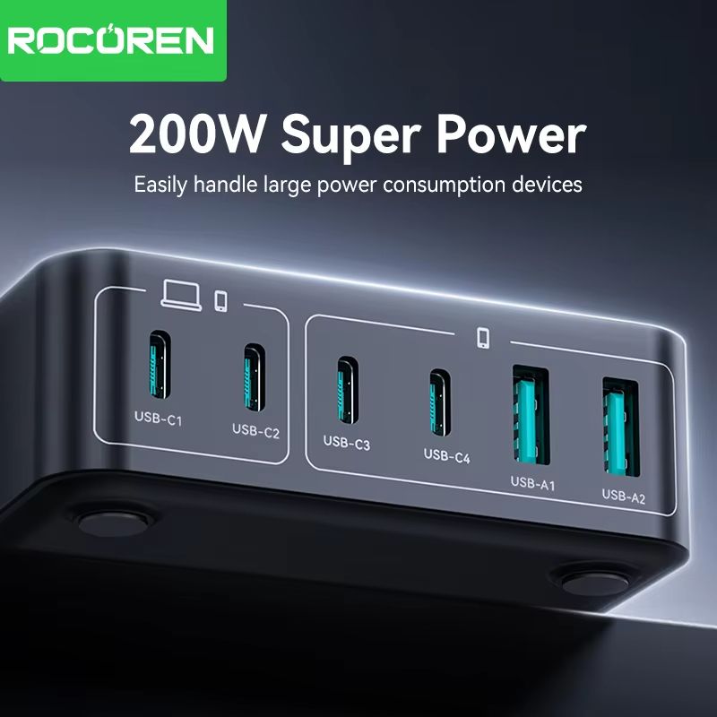 Rocoren 200W GaN Fast Charger  6Port USBC Desktop Charging Station For Laptops Phones  Tablets 1
