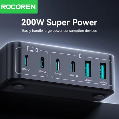 Rocoren 200W GaN Fast Charger  6Port USBC Desktop Charging Station For Laptops Phones  Tablets 1