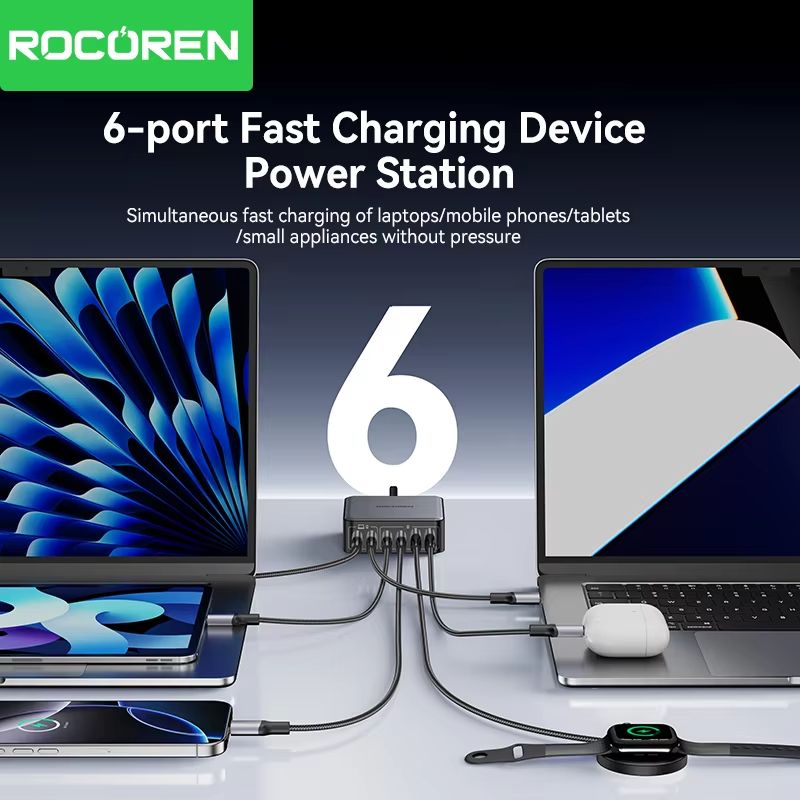 Rocoren 200W GaN Fast Charger  6Port USBC Desktop Charging Station For Laptops Phones  Tablets 3