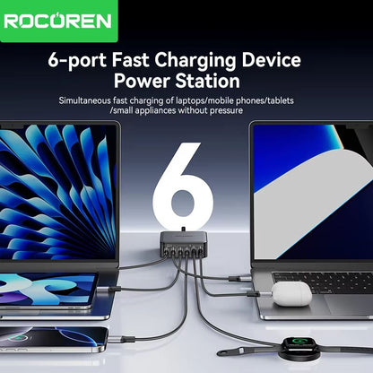 Rocoren 200W GaN Fast Charger  6Port USBC Desktop Charging Station For Laptops Phones  Tablets 3