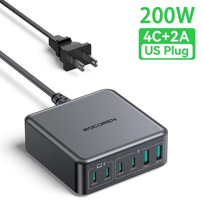 Rocoren 200W GaN Fast Charger  6Port USBC Desktop Charging Station For Laptops Phones  Tablets 6