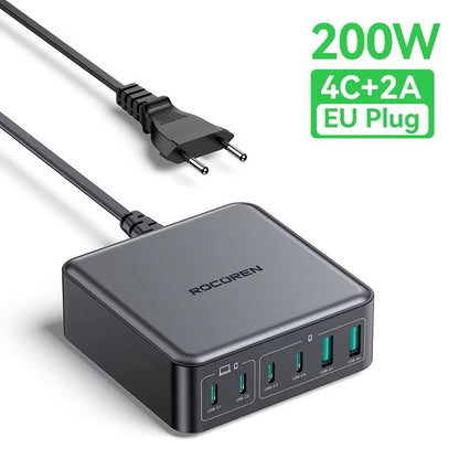 Rocoren 200W GaN Fast Charger  6Port USBC Desktop Charging Station For Laptops Phones  Tablets 7
