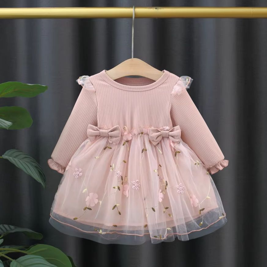 Fashion Autumn Spring Toddler Baby Dress Round Neck Knit Long Sleeve with Flower Embroidery Casual Pink Baby Dress
