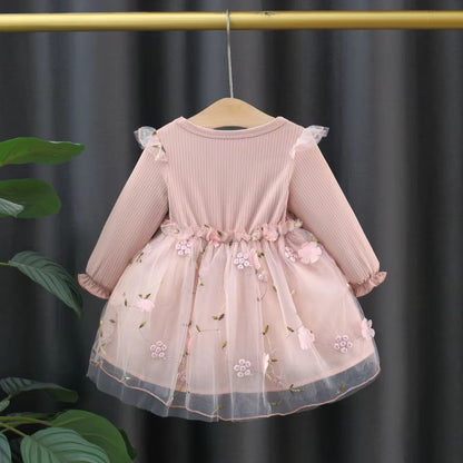 Fashion Autumn Spring Toddler Baby Dress Round Neck Knit Long Sleeve with Flower Embroidery Casual Pink Baby Dress