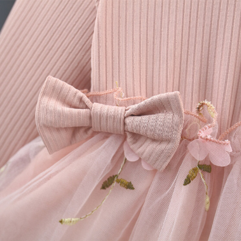Fashion Autumn Spring Toddler Baby Dress Round Neck Knit Long Sleeve with Flower Embroidery Casual Pink Baby Dress