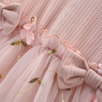 Fashion Autumn Spring Toddler Baby Dress Round Neck Knit Long Sleeve with Flower Embroidery Casual Pink Baby Dress