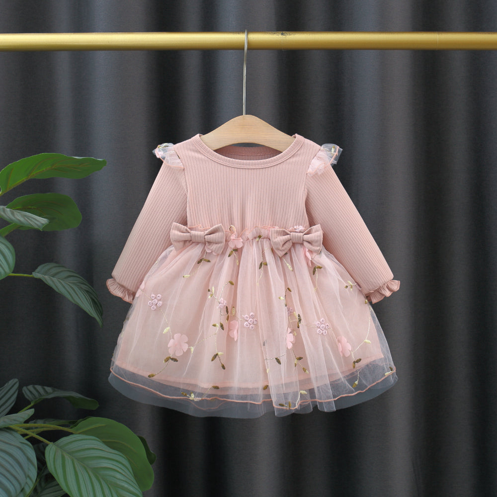Fashion Autumn Spring Toddler Baby Dress Round Neck Knit Long Sleeve with Flower Embroidery Casual Pink Baby Dress
