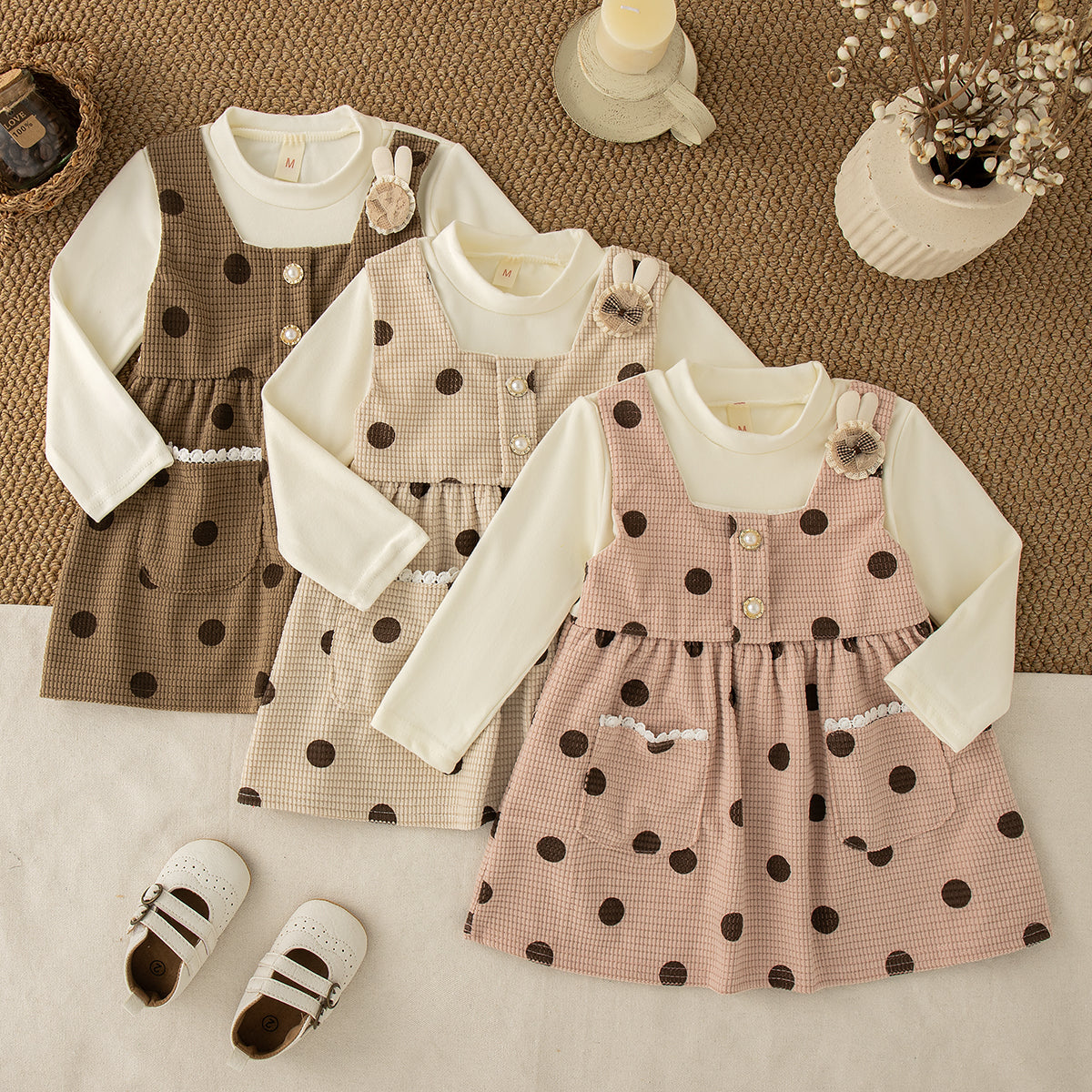 Autumn New Baby Girl Dress Cute Polka Dot Well Long Sleeve, Imitation 2 Pieces Dress Girls Daily Casual Wear