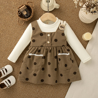 Autumn New Baby Girl Dress Cute Polka Dot Well Long Sleeve, Imitation 2 Pieces Dress Girls Daily Casual Wear