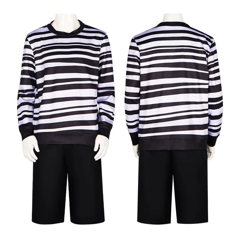 Movie Addams Family Pugsley Addams Cosplay Costume, Wednesday's Younger Brother Outfit with Tops & Pants for Halloween
