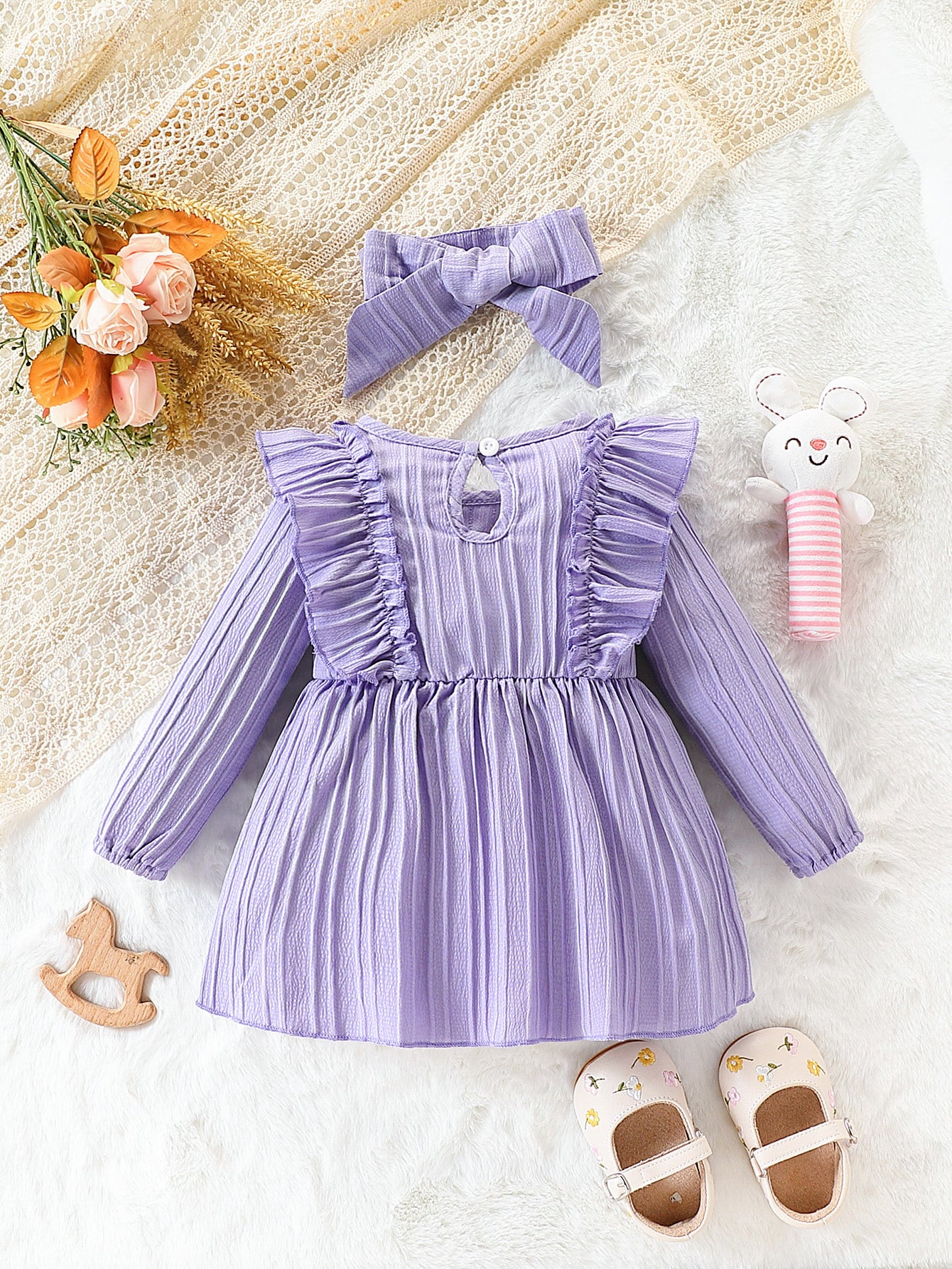 Autumn Baby Girl Long Sleeved Purple Ruffled Butterfly Dress 2Pcs Set With Headband Cute Female Bab 1