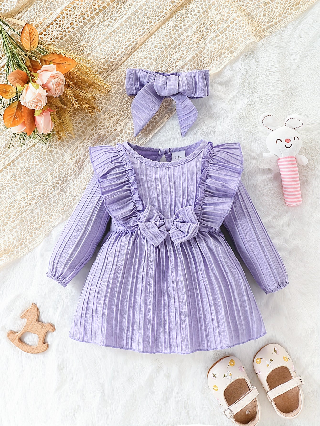 Autumn Baby Girl Long Sleeved Purple Ruffled Butterfly Dress 2Pcs Set With Headband Cute Female Bab 5