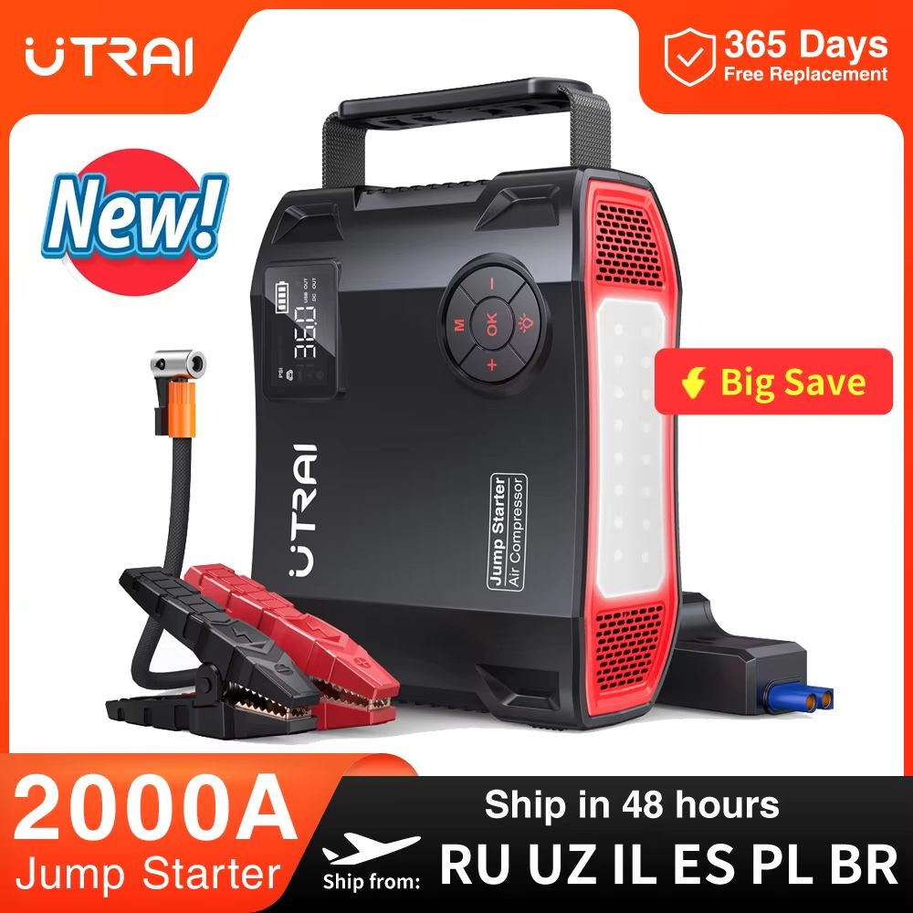 UTRAI 2000A Jump Starter with Air Compressor – 4-in-1 Portable Car Booster, Tire Inflator & Power Bank