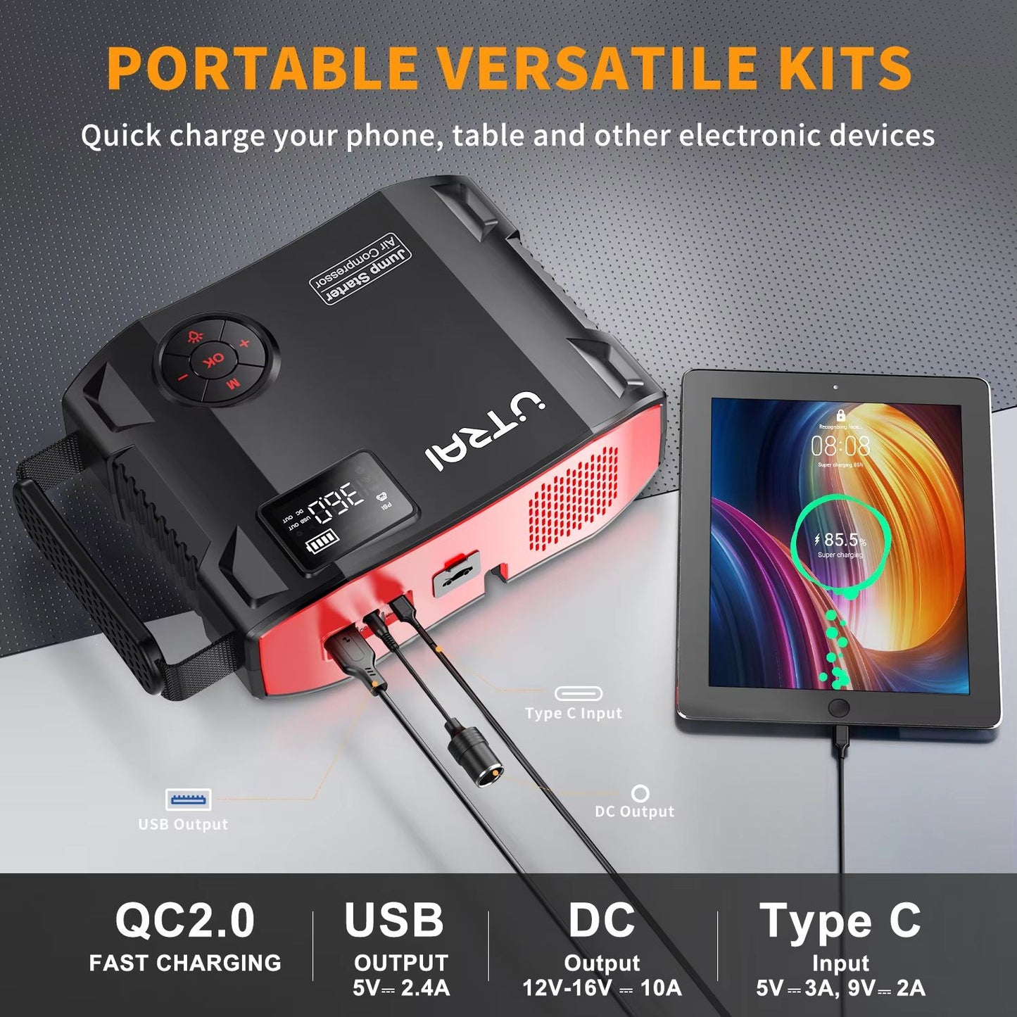 UTRAI 2000A Jump Starter With Air Compressor  4in1 Portable Car Booster Tire Inflator  Power Bank 4