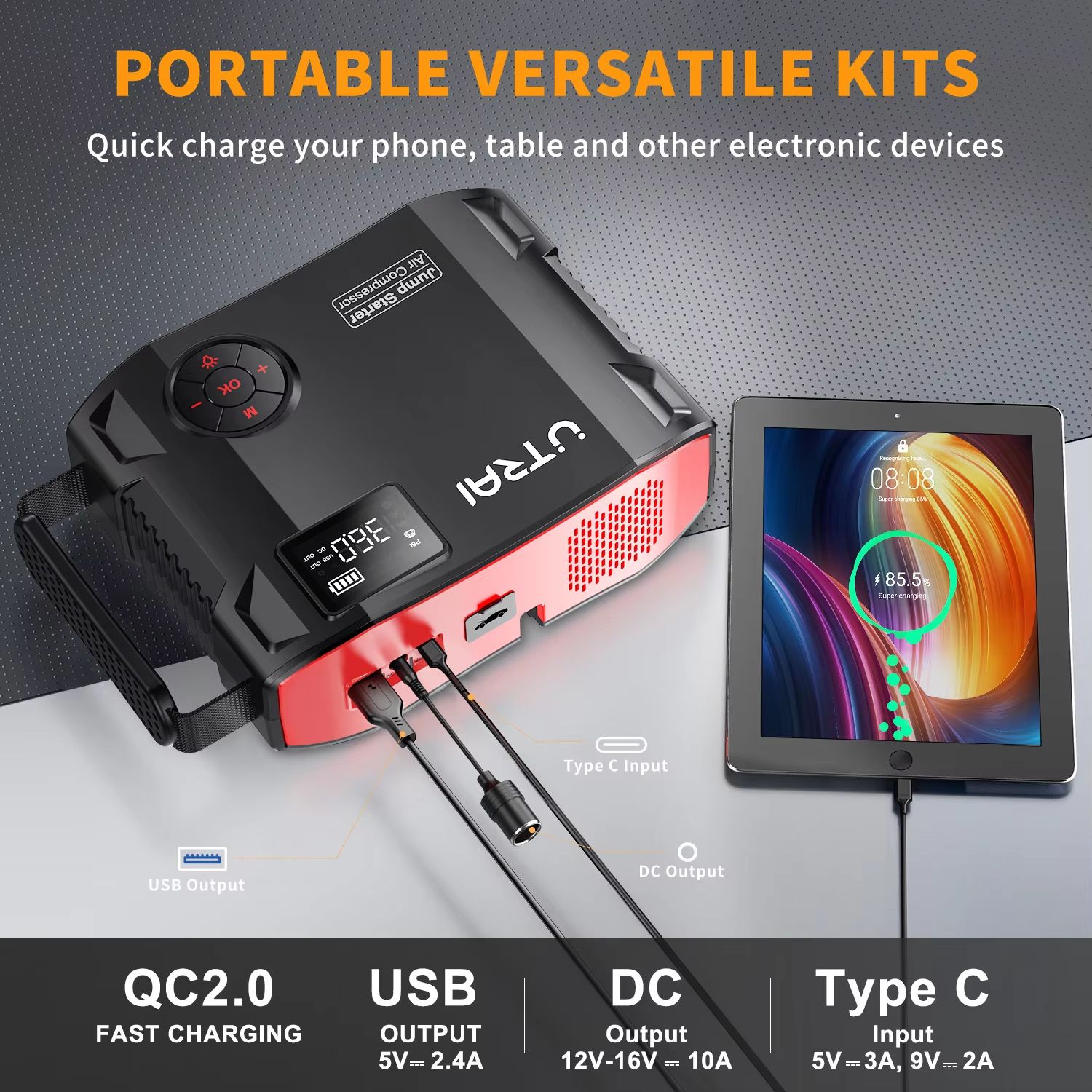 UTRAI 2000A Jump Starter With Air Compressor  4in1 Portable Car Booster Tire Inflator  Power Bank 4