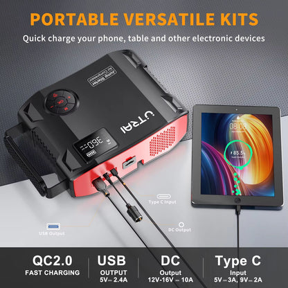 UTRAI 2000A Jump Starter With Air Compressor  4in1 Portable Car Booster Tire Inflator  Power Bank 4