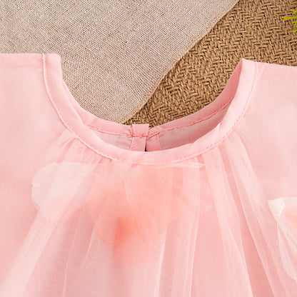 Summer Wedding Party Dress for Baby Floral Decoration Sleeveless Mesh Dress Korean Style Pink Princess Baby Girl Gown