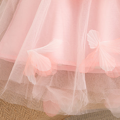 Summer Wedding Party Dress for Baby Floral Decoration Sleeveless Mesh Dress Korean Style Pink Princess Baby Girl Gown