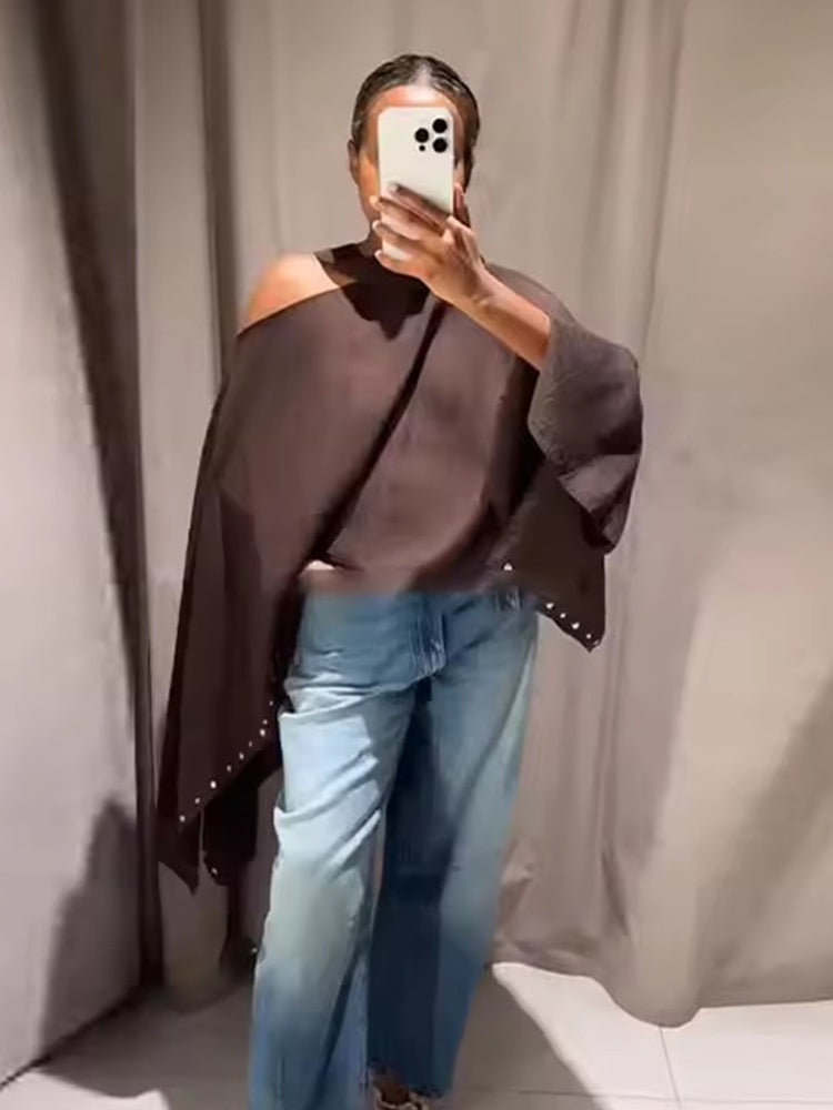 Summer Womens Loose Cropped Cloak Jackets with Rivet Scarf, New Cape Coats and Jackets Holiday Casual Poncho Style