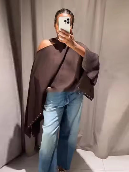 Summer Womens Loose Cropped Cloak Jackets with Rivet Scarf, New Cape Coats and Jackets Holiday Casual Poncho Style
