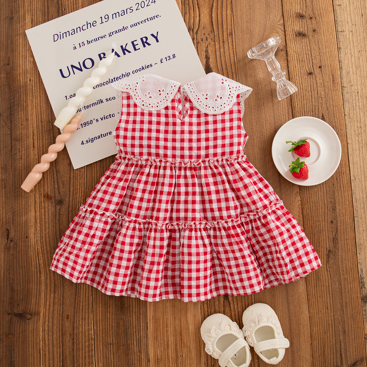 Red Strawberry Embroidered Korean Style Toddler Dress Sleeveless Check Pattern Baby Girl Casual Outdoor Dress