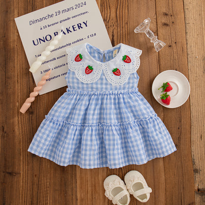 Red Strawberry Embroidered Korean Style Toddler Dress Sleeveless Check Pattern Baby Girl Casual Outdoor Dress