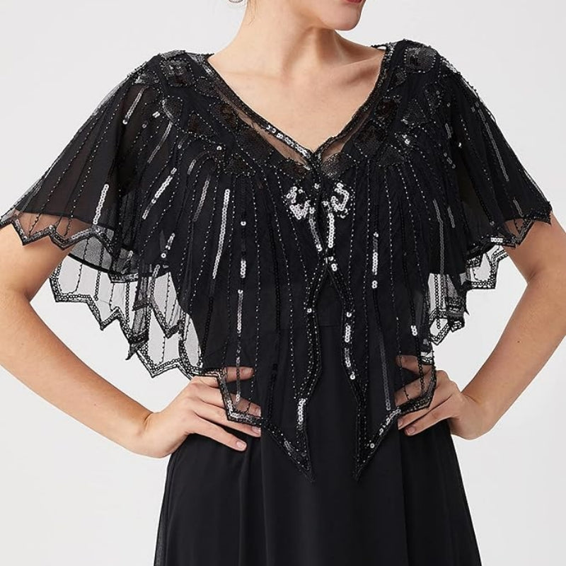 Retro Beaded Sequin Flapper Shawl Loose Decoration Outerwear, Short Cape Evening Party Ladies Cloak Shawl