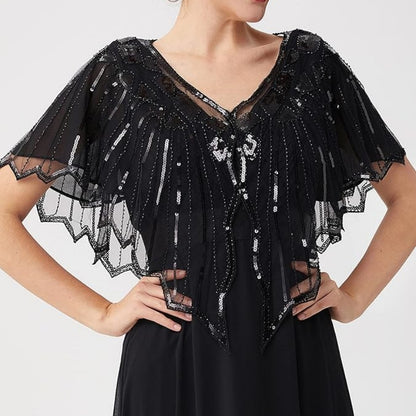 Retro Beaded Sequin Flapper Shawl Loose Decoration Outerwear, Short Cape Evening Party Ladies Cloak Shawl