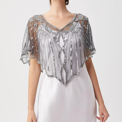 Retro Beaded Sequin Flapper Shawl Loose Decoration Outerwear Short Cape Evening Party Ladies Cloak  12