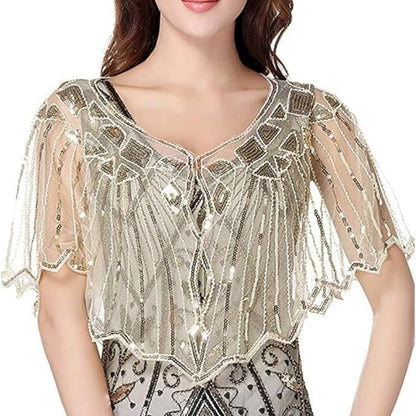 Retro Beaded Sequin Flapper Shawl Loose Decoration Outerwear Short Cape Evening Party Ladies Cloak  19