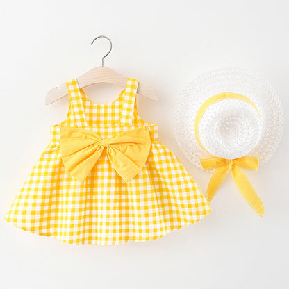 2Piece Summer Toddler Girl Clothes Set Cute Bow Plaid Sleeveless Cotton Princess Dress with Sunhat Beach Outfit Newborn