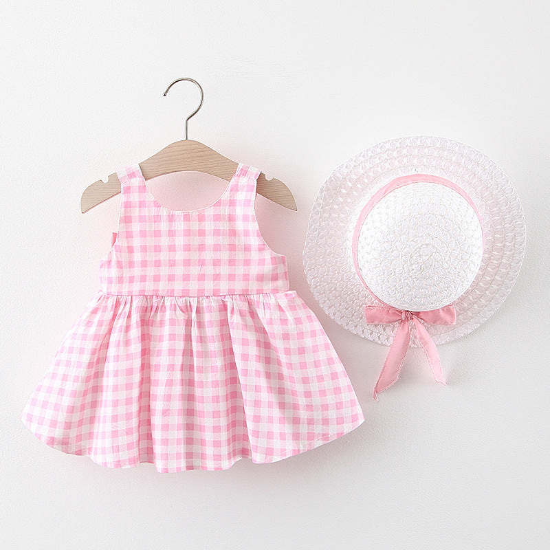 2Piece Summer Toddler Girl Clothes Set Cute Bow Plaid Sleeveless Cotton Princess Dress with Sunhat Beach Outfit Newborn