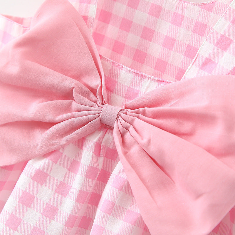 2Piece Summer Toddler Girl Clothes Set Cute Bow Plaid Sleeveless Cotton Princess Dress with Sunhat Beach Outfit Newborn