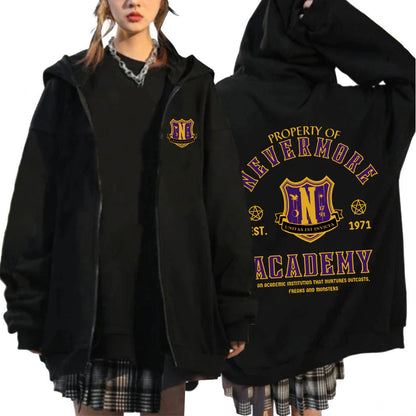 Nevermore Academy Hoodie Wednesday Addams Style Unisex Oversized Zip Up Sweatshirt For Cosplay  Cas 3