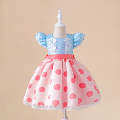 Fluffy Pleated Summer Gown Infant Costume, Baby Girl Dot Princess Party Dress for 1st Birthday Baptism Toddler Dress