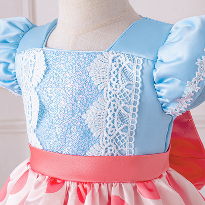 Fluffy Pleated Summer Gown Infant Costume, Baby Girl Dot Princess Party Dress for 1st Birthday Baptism Toddler Dress