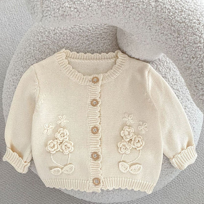 Autumn new baby clothing 0-3 year girls hand hook flower sweater knitted cardigan jacket cute toddler knit outerwear