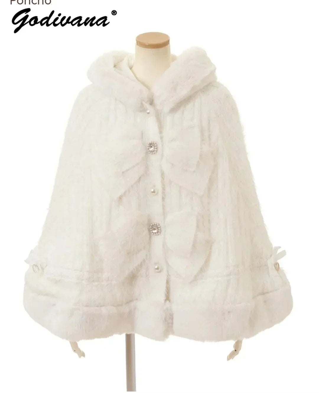 Japanese Sweet Soft Thick Womens DoubleLayer Big Ribbon Hooded Knitted Cloak Cozy Autumn  Winter Po 1