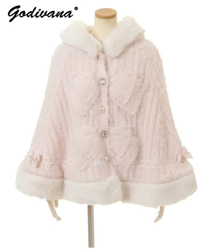 Japanese Sweet Soft Thick Womens DoubleLayer Big Ribbon Hooded Knitted Cloak Cozy Autumn  Winter Po 2